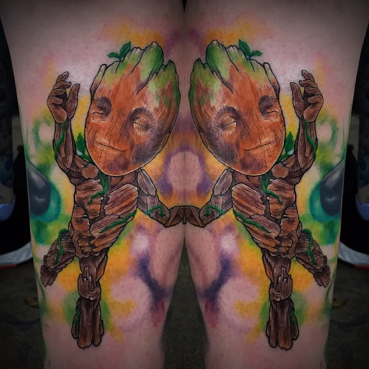 Color tree-creature tattoo with watercolor background