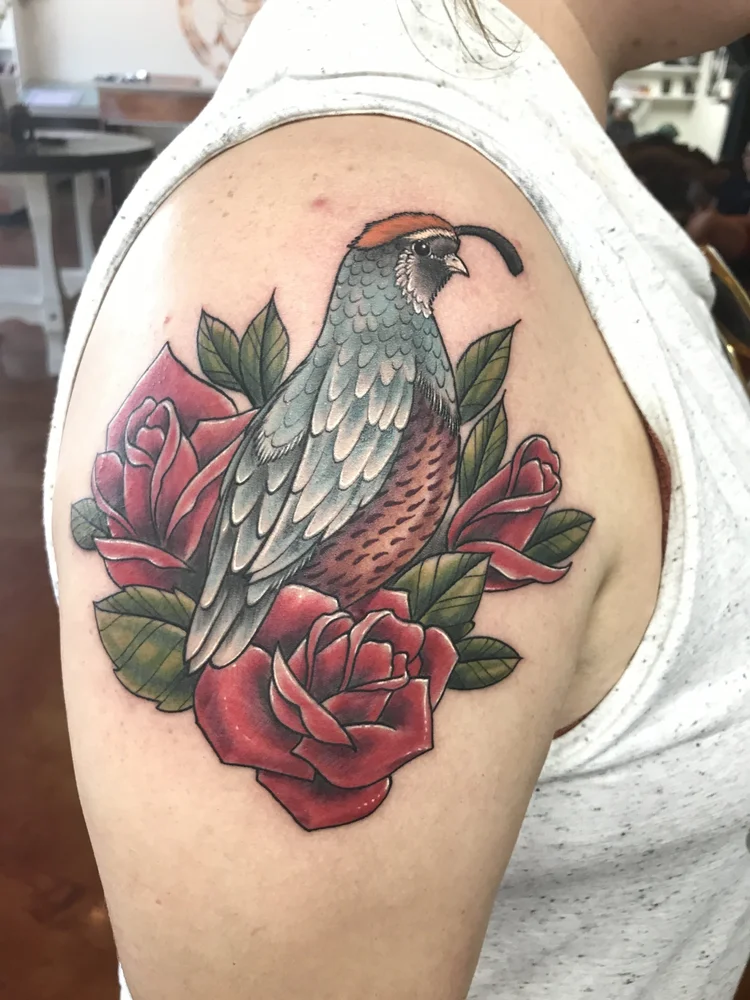 Color quail with red roses on the shoulder