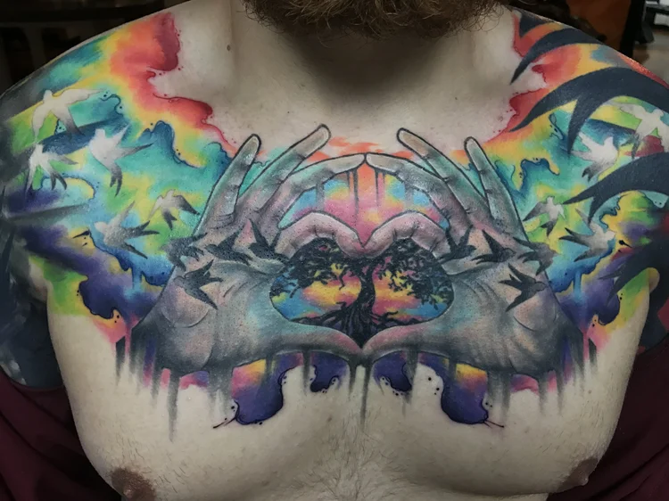 Watercolor chest piece with hands and eyes